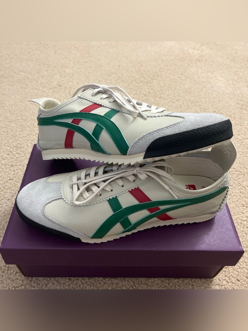 Onitsuka Tiger Cream Sneakers with Green and Red Stripes